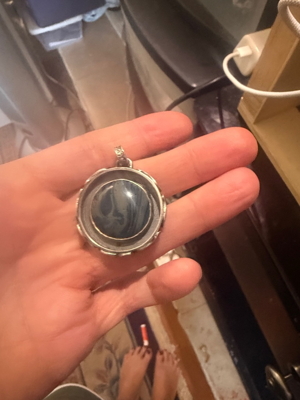 Handmade Silver Pendant with Blue Marbled Stone